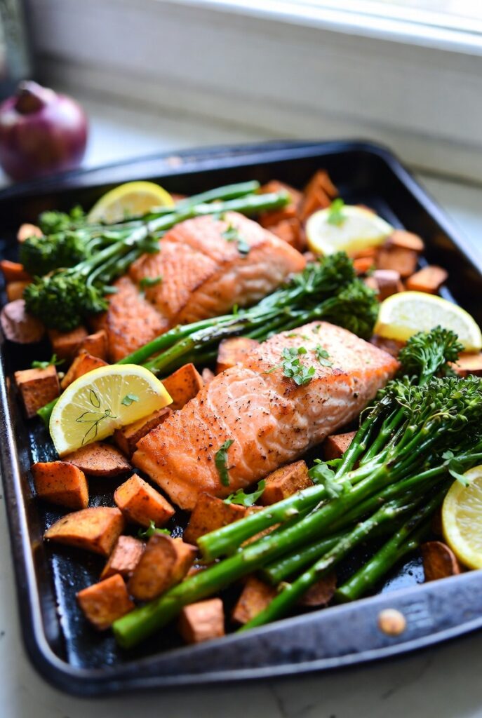 Sheet-Pan Salmon with Sweet Potato and Broccolini