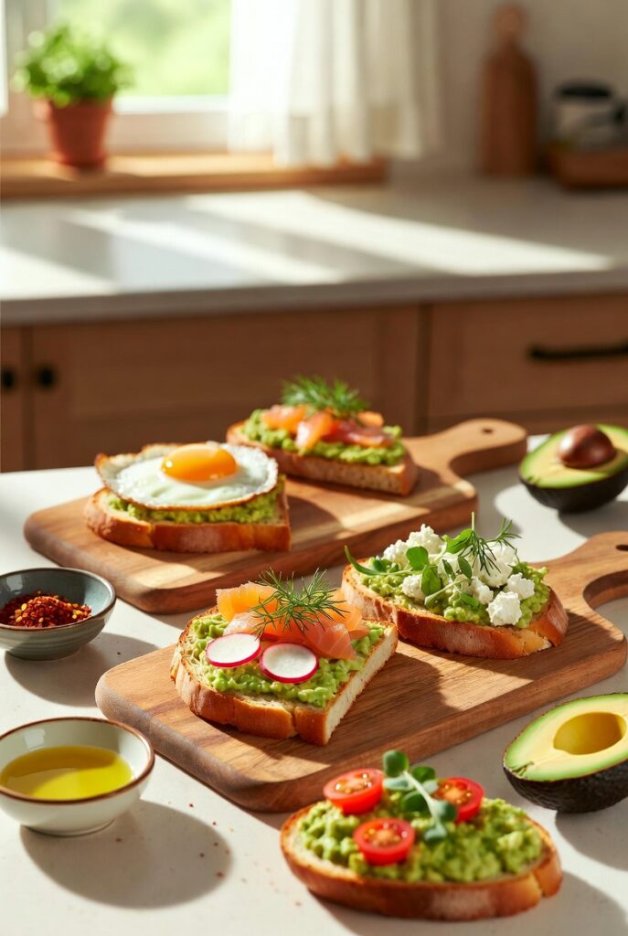Avocado toast ideas featuring Greek-inspired feta and olive topping alongside sweet pear and honey variation
