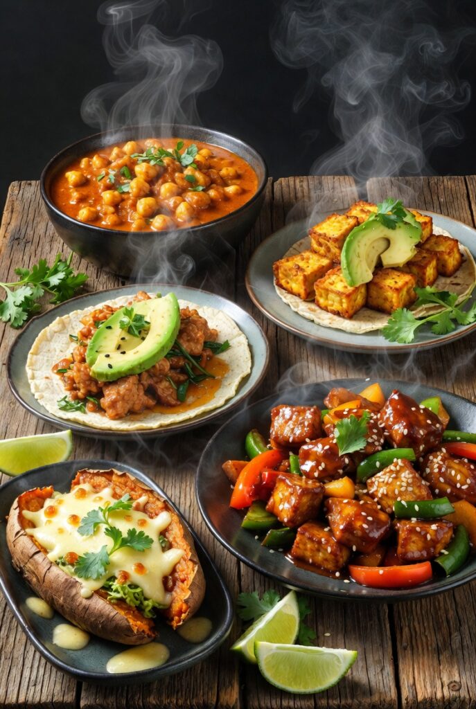 Easy vegan dinner ideas featuring coconut chickpea curry, tofu tacos, and stir-fry