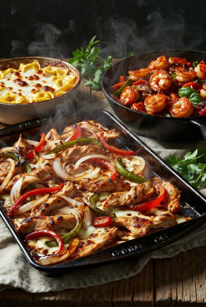 Frozen food recipes featuring sheet pan fajitas, cheesy tortellini bake, and easy weeknight dinners