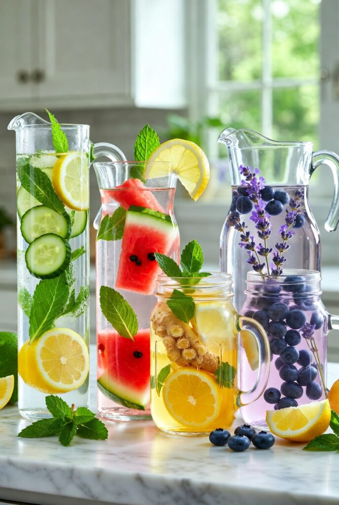 Detox water recipes with lemon cucumber mint, watermelon mint, and refreshing fruit-infused ideas