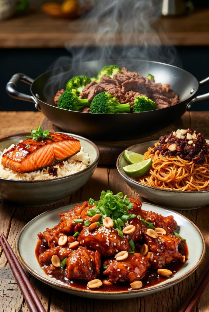 Easy Asian dinner recipes featuring Kung Pao chicken, teriyaki salmon, and garlic noodles