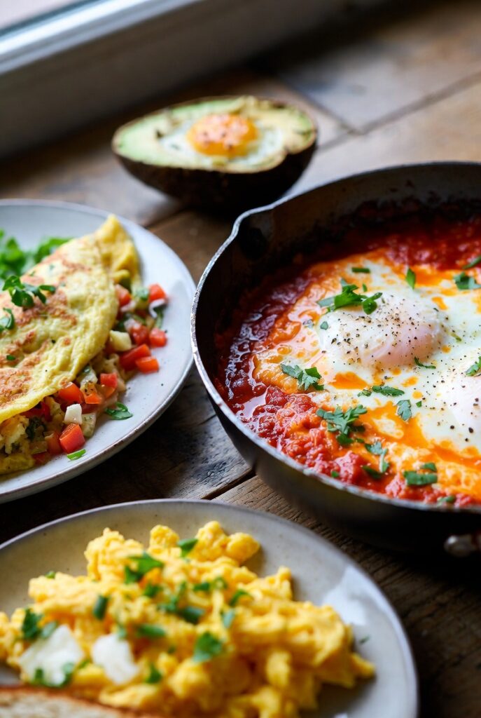 Easy egg recipes for breakfast featuring scrambled eggs, shakshuka, and veggie omelette