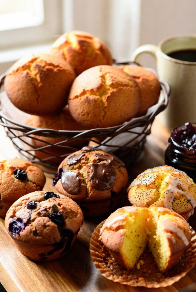 Easy muffin recipes for breakfast including blueberry, banana chocolate chip, and lemon poppy seed
