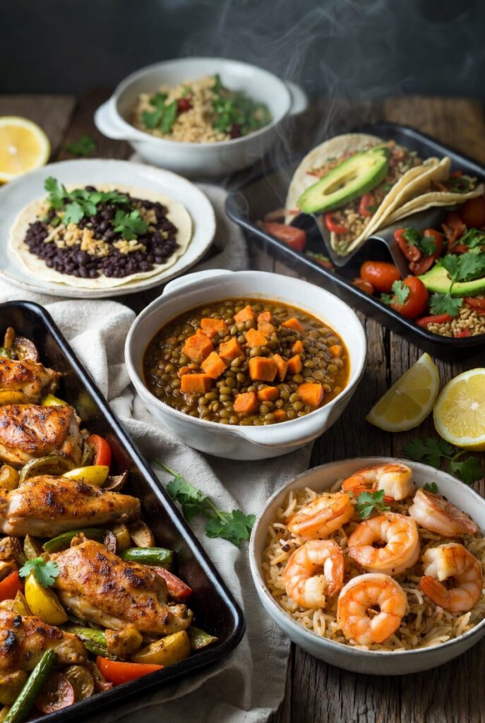 Cheap healthy meals on a budget including lentil stew, black bean tacos, and garlic shrimp rice bowls