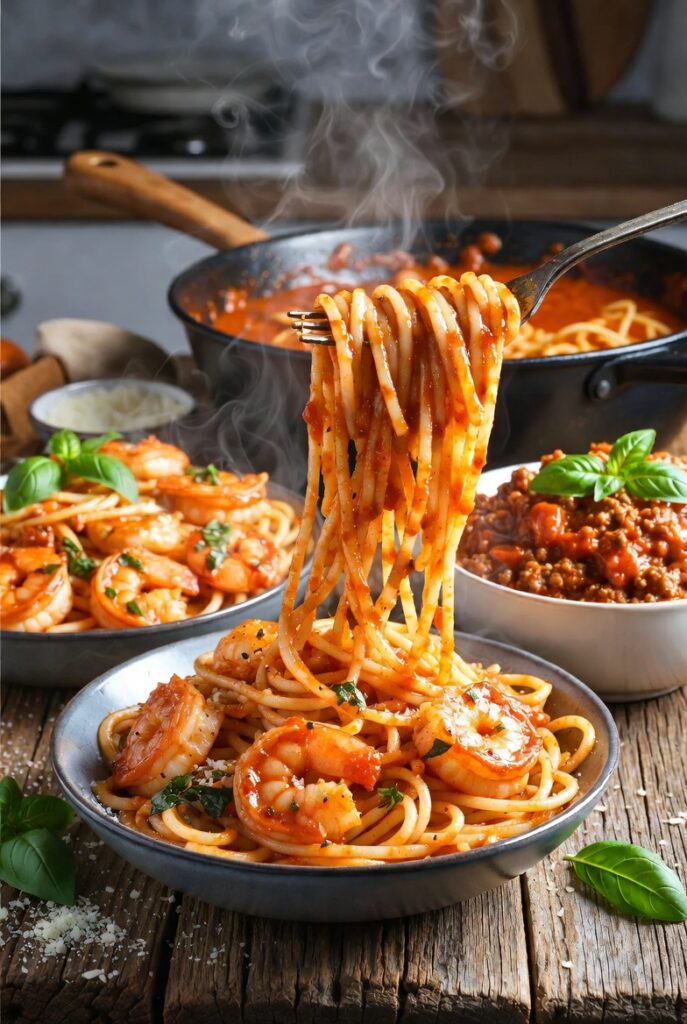 Quick pasta dinner recipes featuring garlic butter pasta, tomato basil pasta, and shrimp pasta