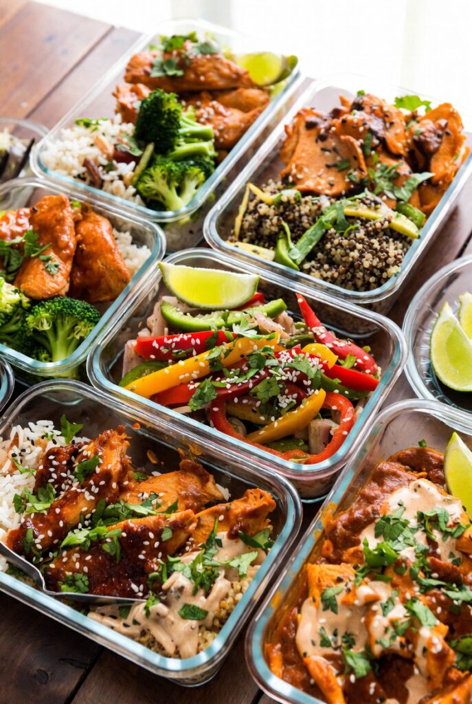 Chicken meal prep ideas for the week featuring honey garlic chicken, fajita bowls, and tikka masala"