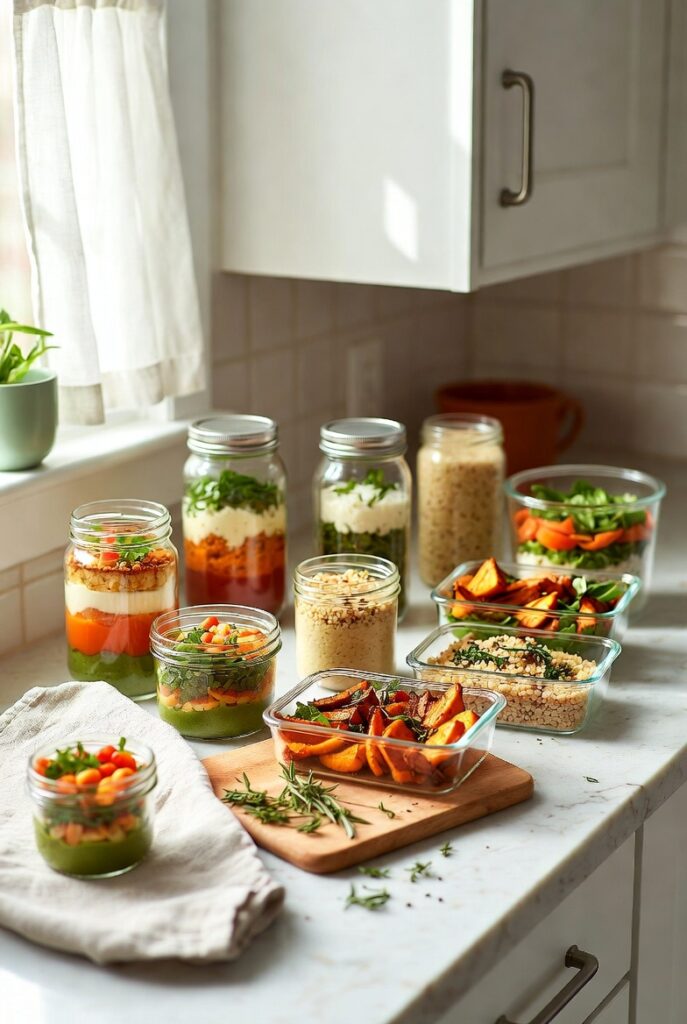 Healthy Sunday meal prep containers with mason jar salads, grain bowls, and energy balls for weekly meal planning