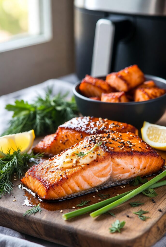 Easy air fryer salmon recipes featuring garlic butter, honey glazed, and crispy salmon bites