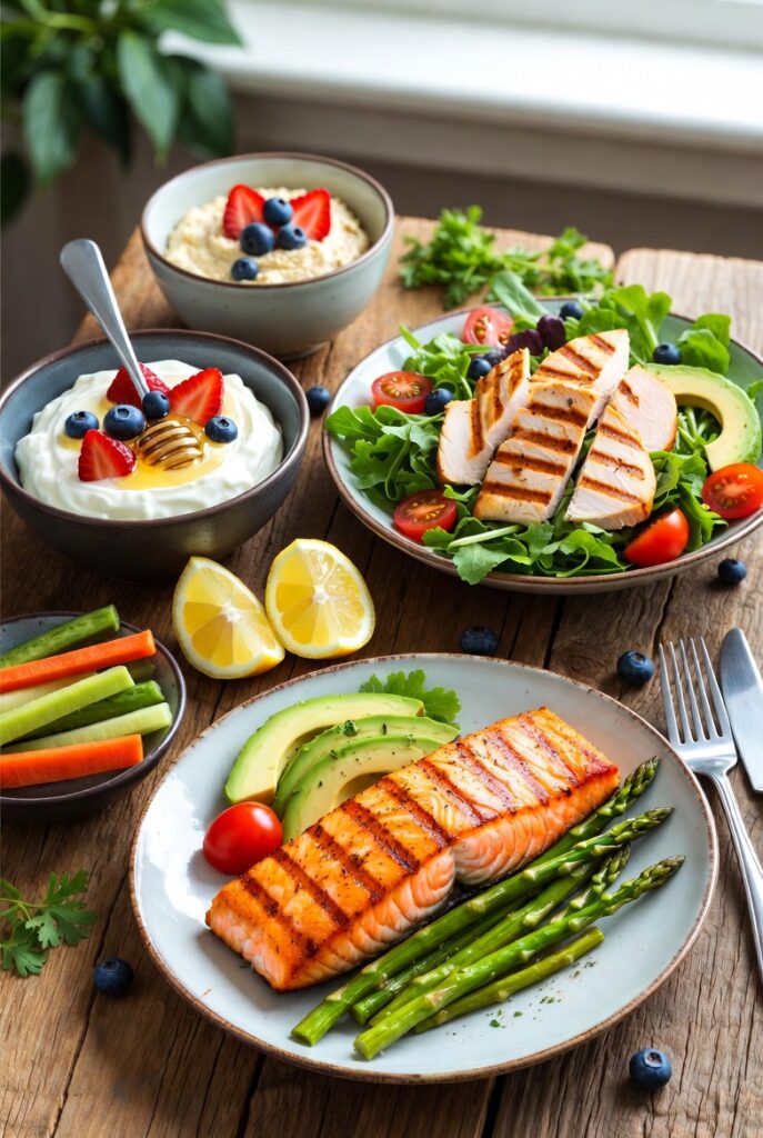 Healthy and easy weight loss recipes featuring salmon, salad, yogurt, and grilled chicken