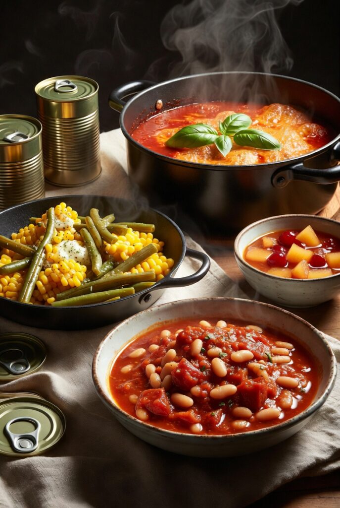 Easy and cheap canned food recipes with beans, tomatoes, vegetables, and fruit for budget meals