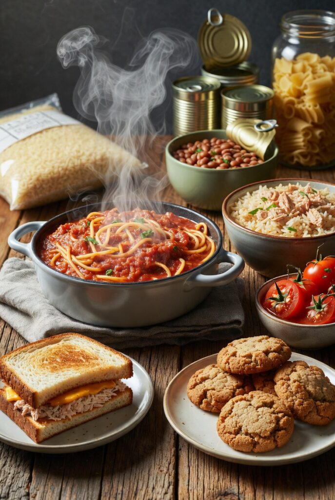 Pantry staple meals with pasta, beans, rice, and simple recipes for when you can't grocery shop