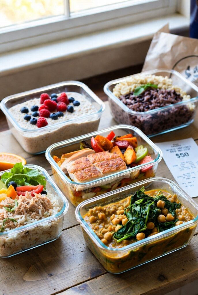 Budget meal prep recipes for a week under $50 with containers of oats, rice bowls, and roasted chicken