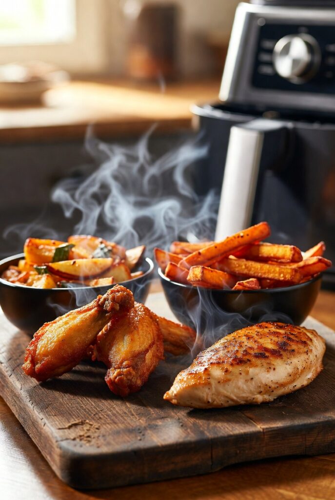Easy air fryer recipes for beginners featuring crispy chicken, fries, and roasted vegetables