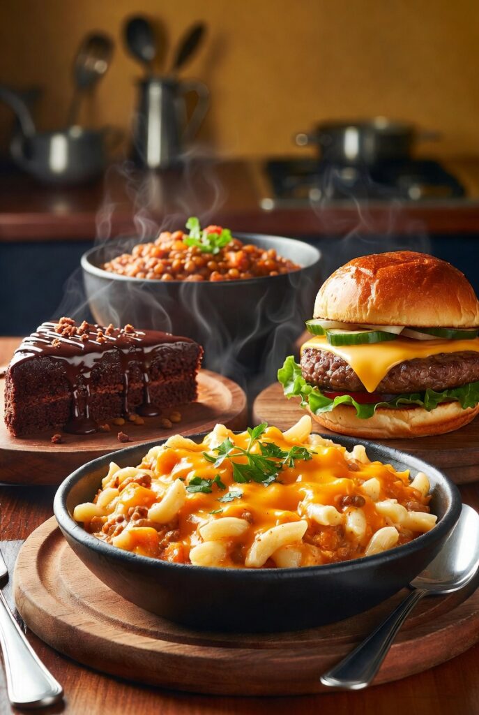 Vegan comfort food recipes featuring mac and cheese, lentil stew, burgers, and chocolate cake