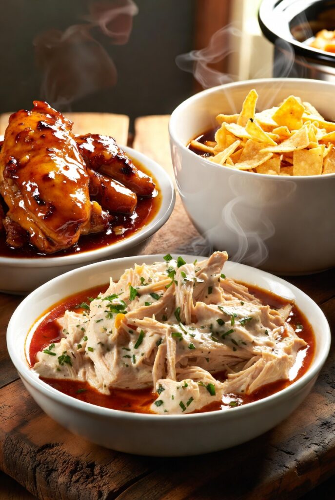 easy crockpot chicken recipes featuring honey garlic chicken, Tuscan chicken, and tortilla soup for effortless dinners