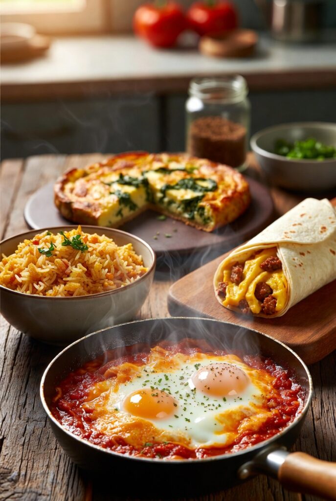 Cheap and easy egg recipes featuring fried rice, shakshuka, and frittata made from simple pantry staples