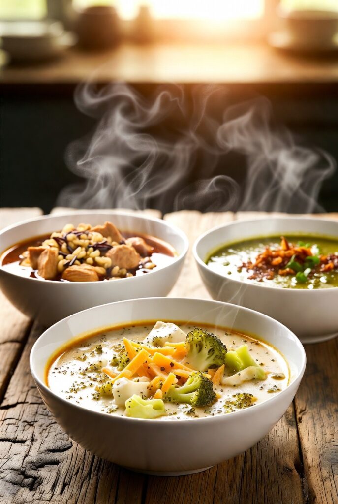 easy slow cooker soup recipes featuring creamy cheddar, hearty chicken, and international-inspired flavors that cook themselves