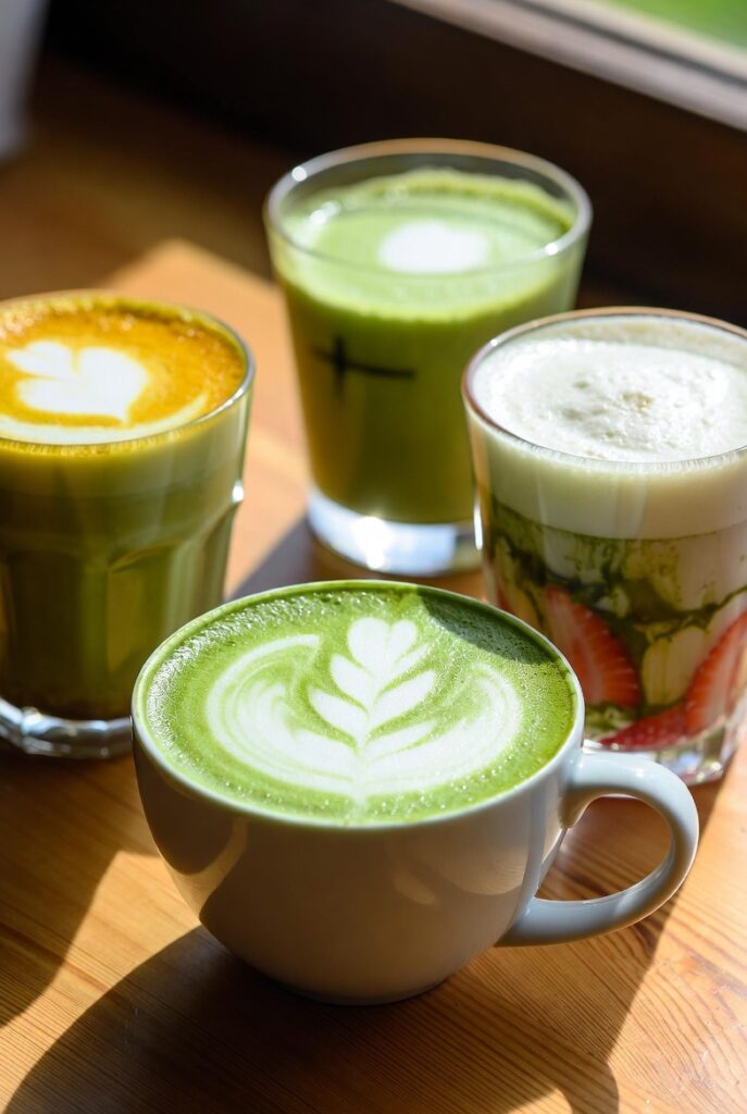 easy matcha latte recipes featuring honey lavender, strawberry, and golden turmeric matcha for homemade café-style drinks