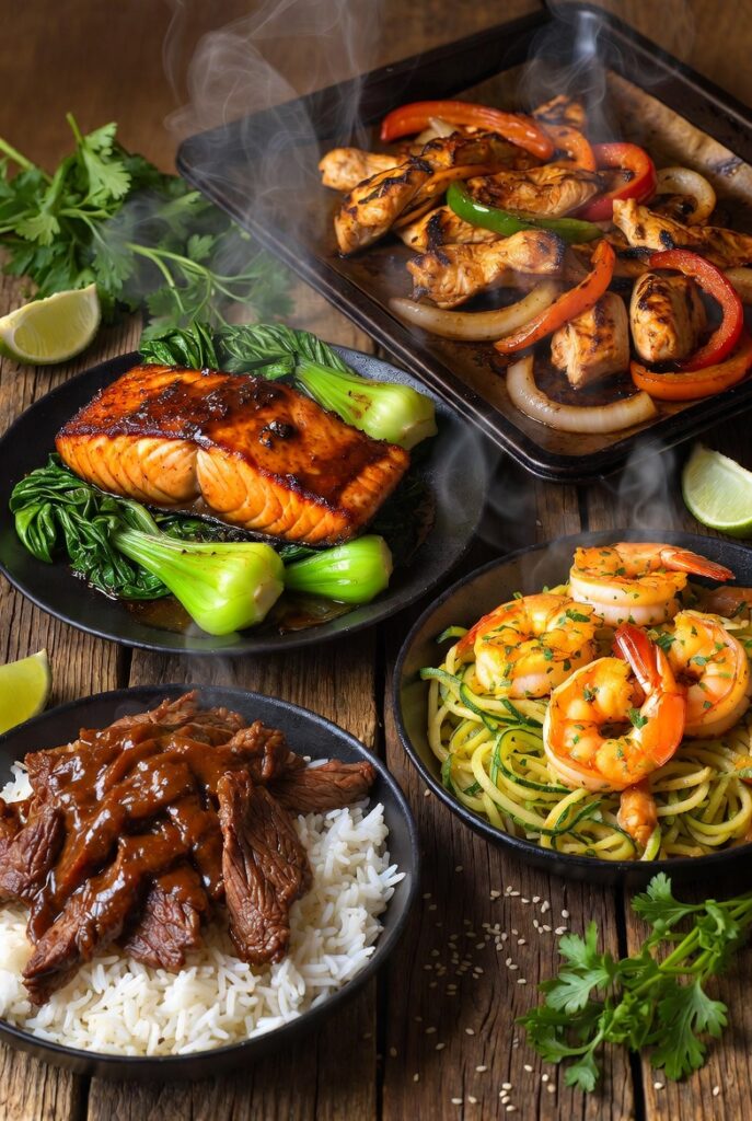 Dairy-free dinner recipes featuring miso salmon, chicken fajitas, and beef bulgogi bowls