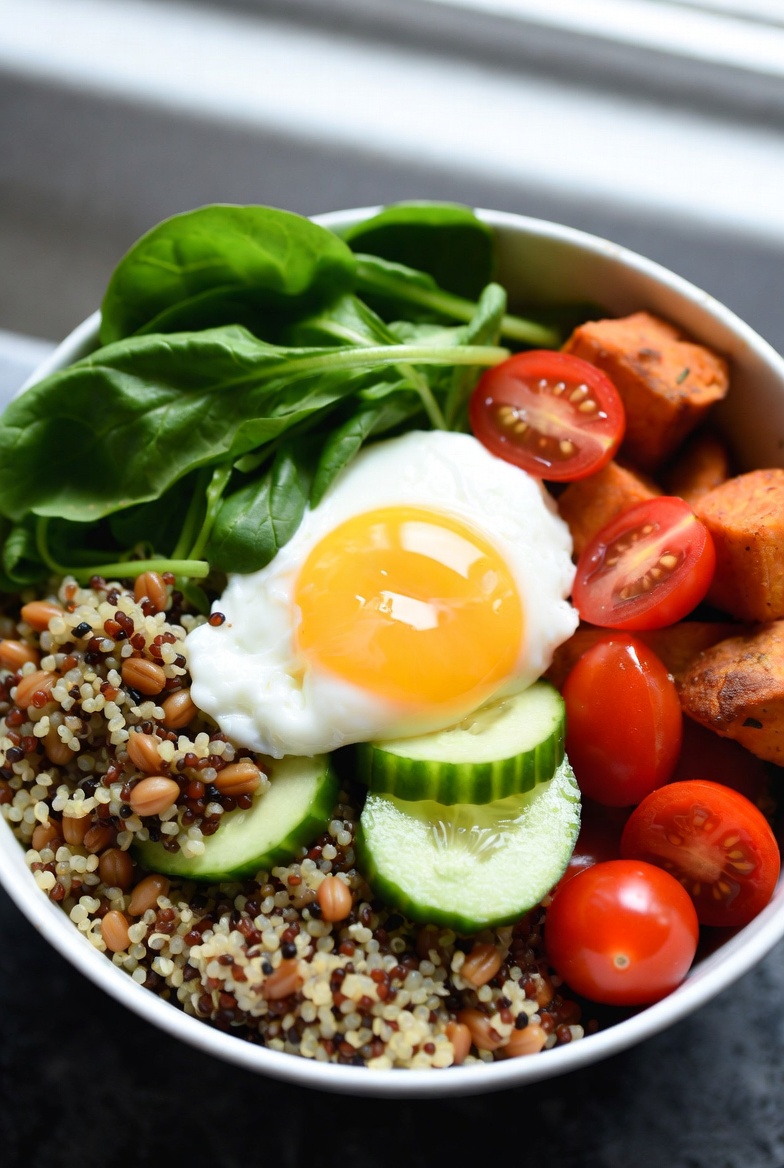 Healthy grain bowl with roasted vegetables