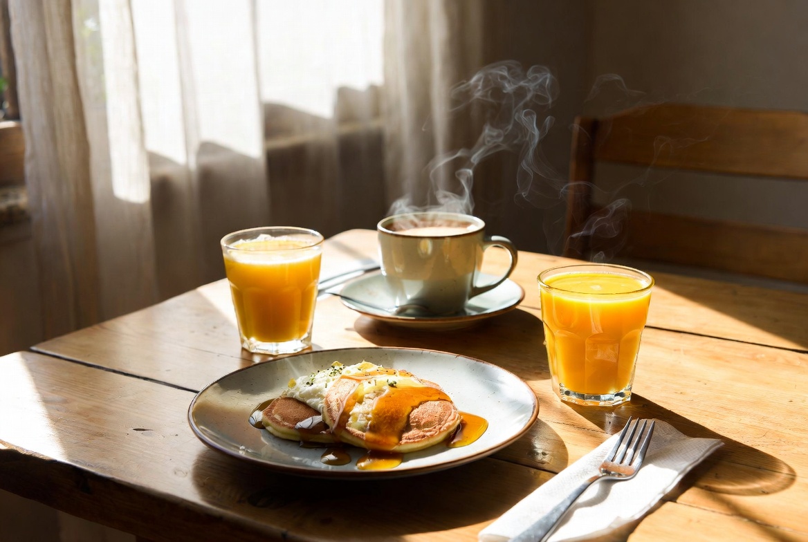 Breakfast and brunch spread with pancakes and coffee