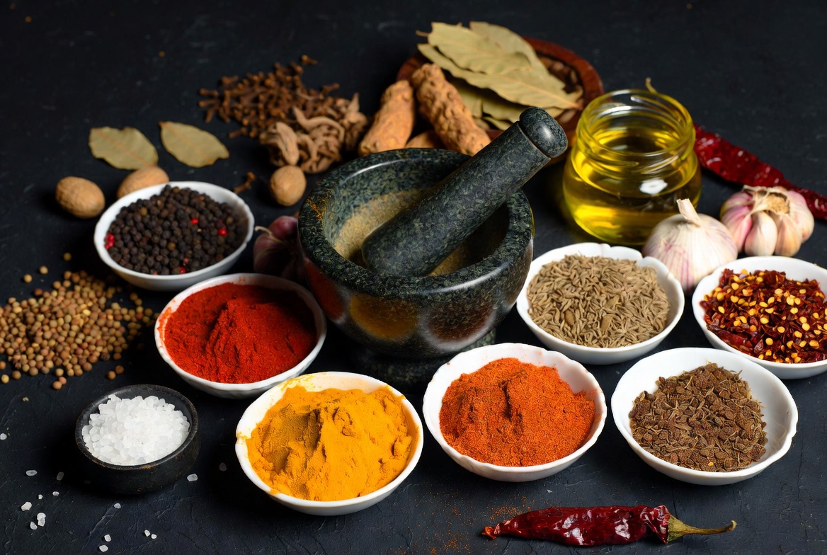 Global spices and mortar and pestle