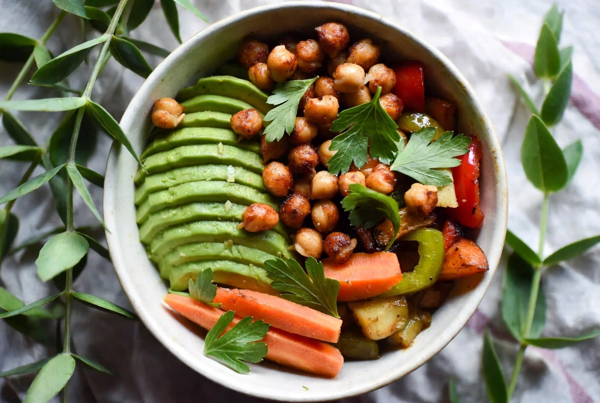 Vegetarian and vegan bowl with avocado and chickpeas